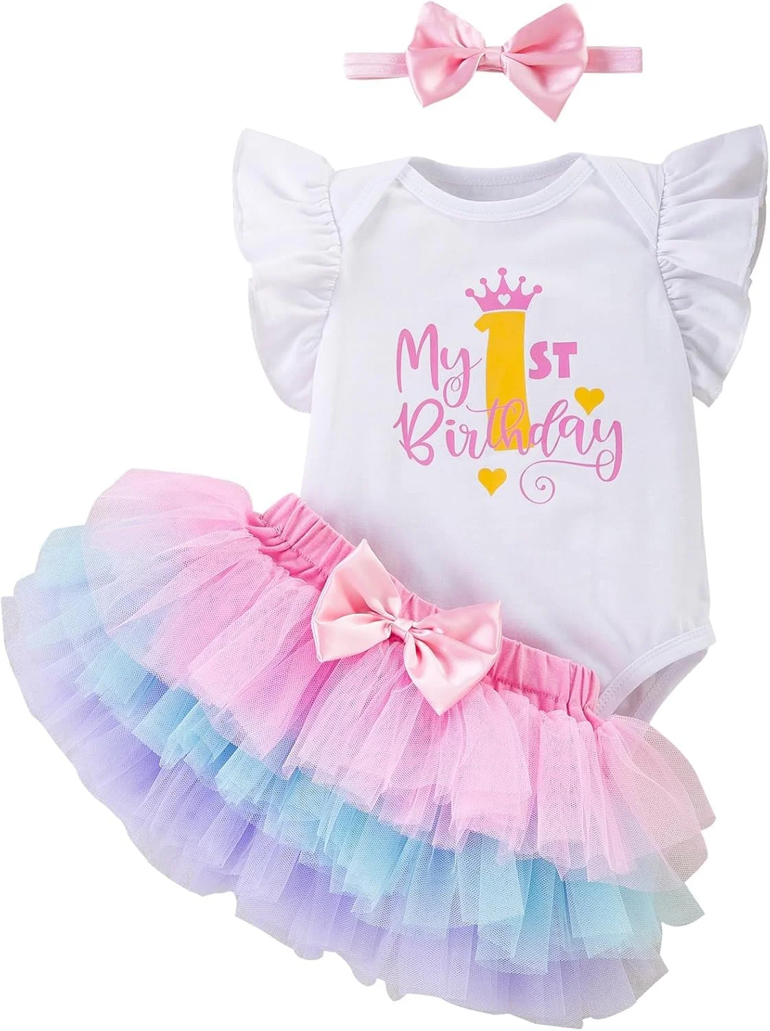 ست ۳ تکه لباس تولد یک سالگی دخترانه شامل هدبند پاپیونی، رامپر تولد یک سالگی من و دامن توتو مناسب برای عکس های یادگاری