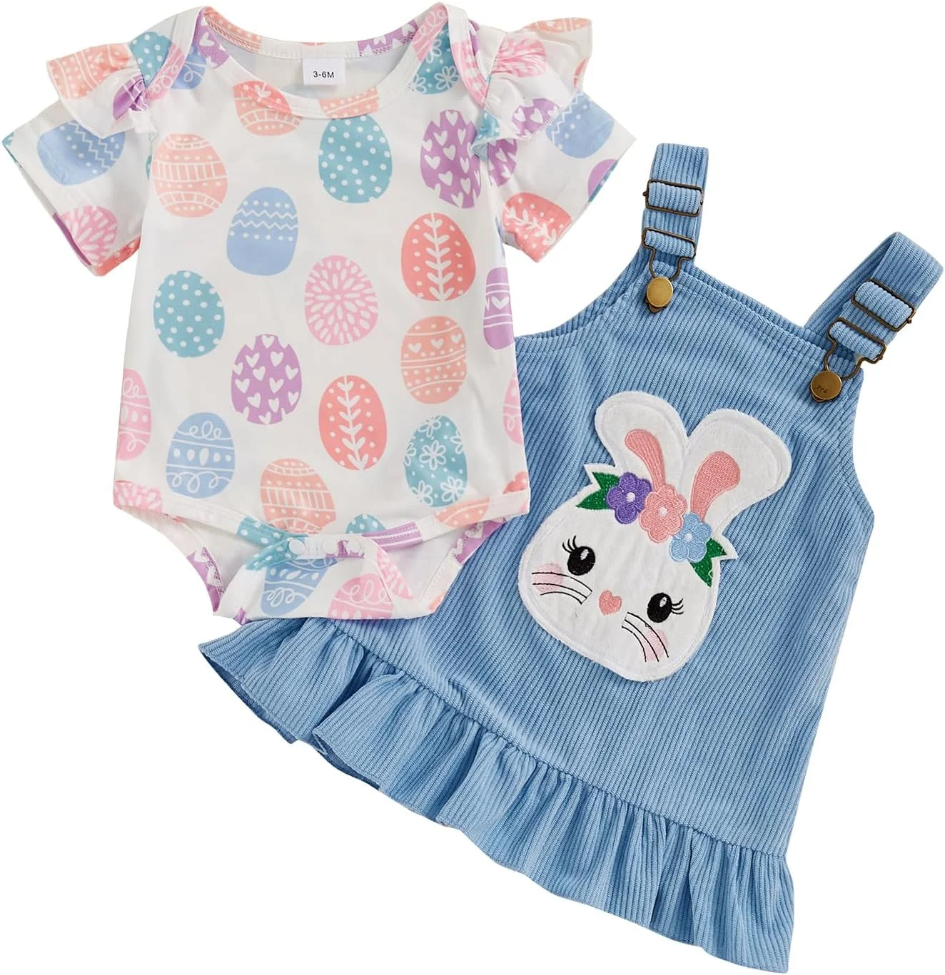 لباس عید پاک نوزاد دختر، رامپر آستین کوتاه با طرح تخم مرغ، ست دامن ساسون دار با گلدوزی خرگوش، لباس نوزادی