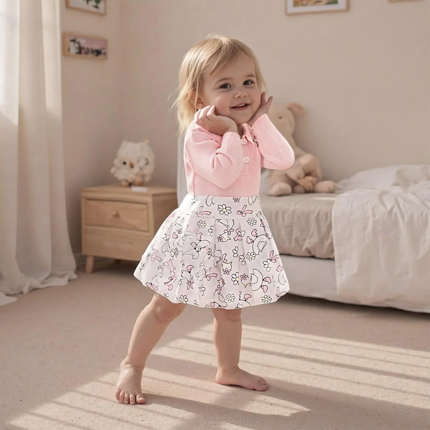 ست لباس تولد با طرح گل و مزرعه شامل پولور، تاپ و دامن مناسب فصل پاییز برای دختران خردسال