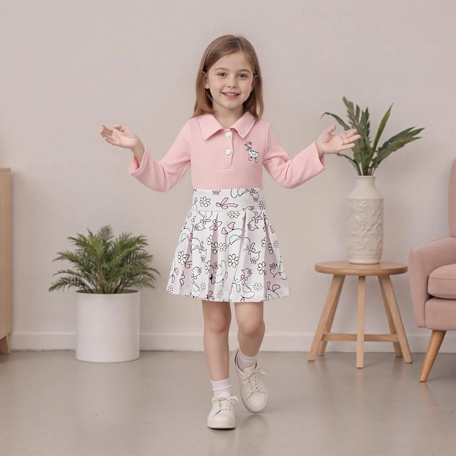 ست لباس تولد با طرح گل و مزرعه شامل پولور، تاپ و دامن مناسب فصل پاییز برای دختران خردسال