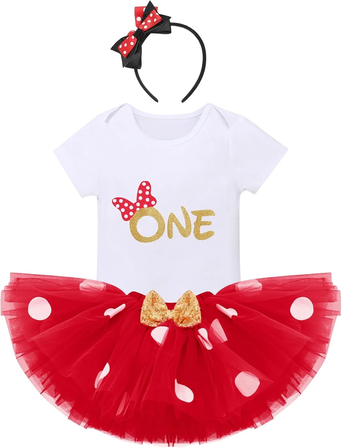 لباس جشن تولد یک سالگی دخترانه با طرح خال خالی، رامپر، دامن توری و تل گوش