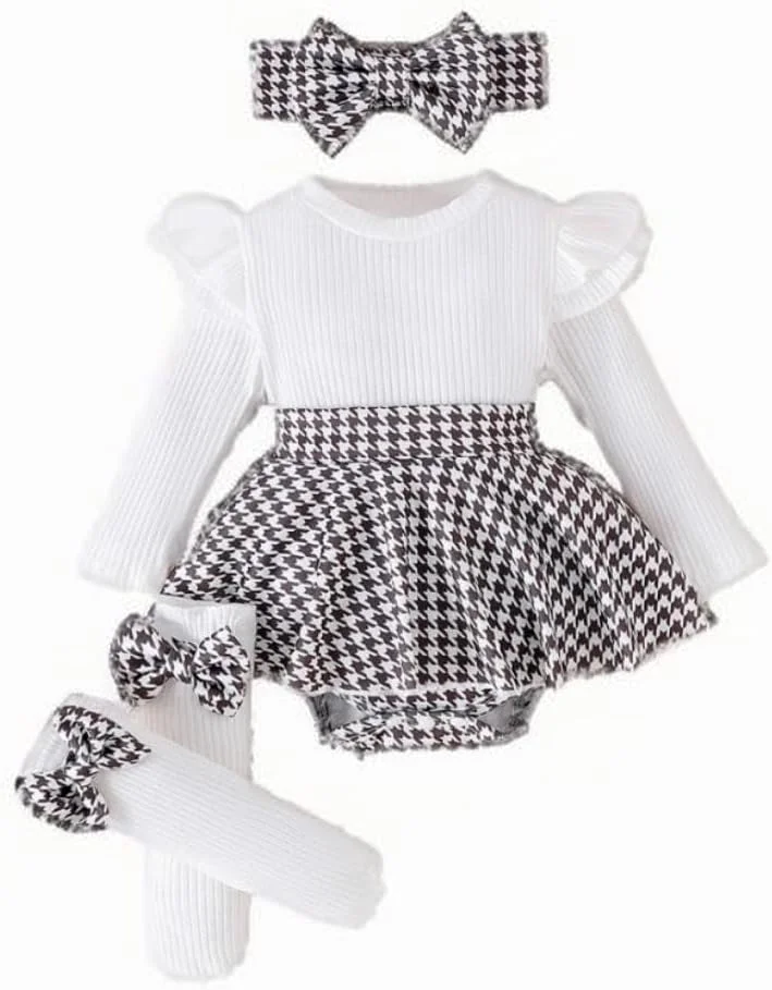 ست لباس 4 تکه دخترانه شامل بلوز آستین بلند، دامن کوتاه، هدبند و ساق گرمکن - مناسب نوزادان و کودکان