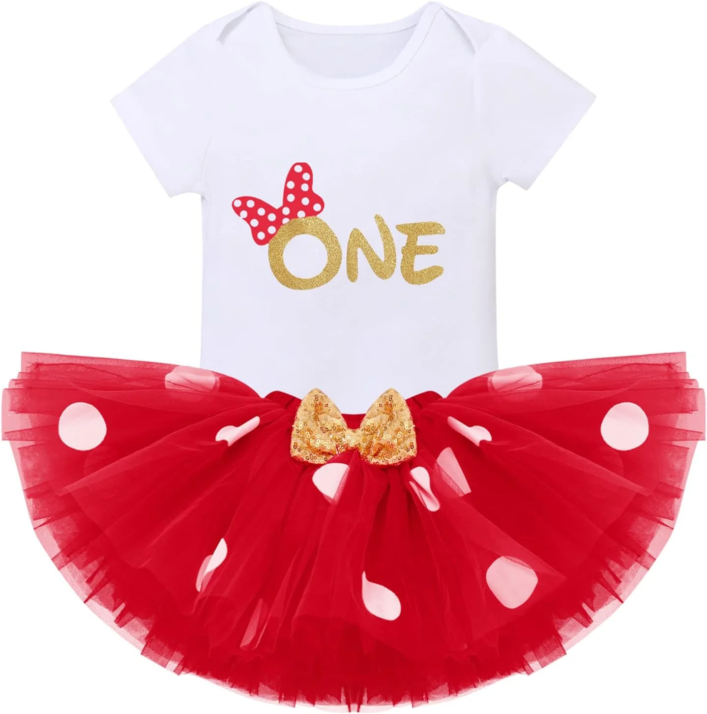 لباس جشن تولد یک سالگی دخترانه با طرح خال خالی، رامپر، دامن توری و تل گوش