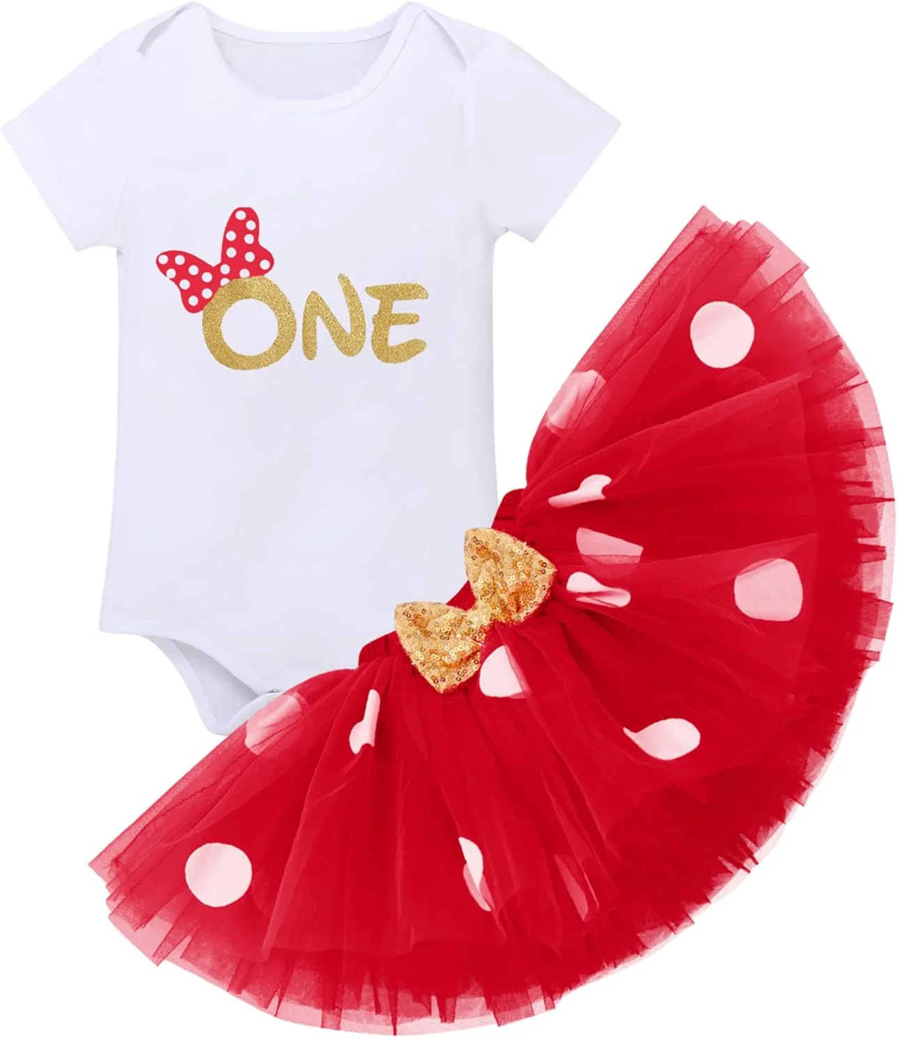 لباس جشن تولد یک سالگی دخترانه با طرح خال خالی، رامپر، دامن توری و تل گوش