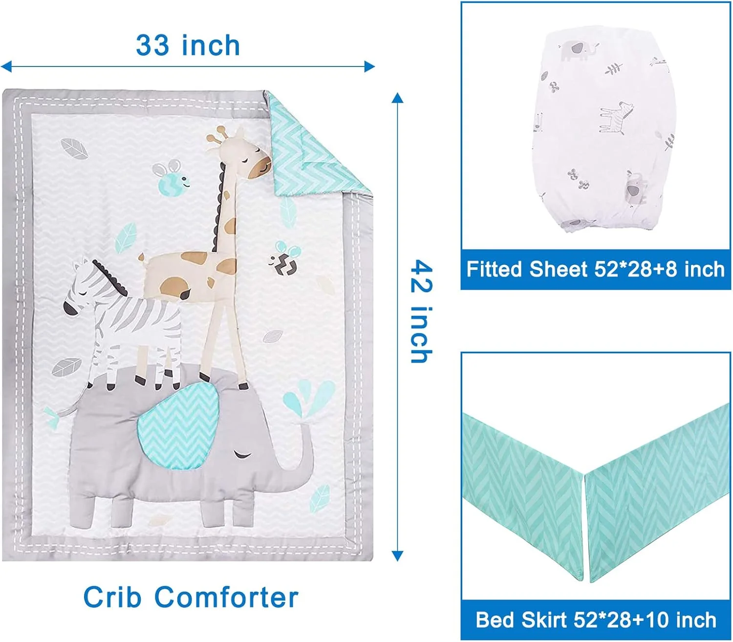 سرویس خواب نوزادی طرح فیل خاکستری، ست 3 تکه ممتاز تخت نوزاد با طرح فیل، سرویس خواب سافاری برای نوزاد پسر، خاکستری