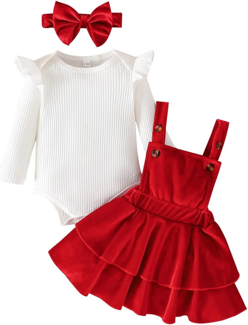 لباس های دوست داشتنی دخترانه برای کریسمس، بلوز آستین بلند راه راه، دامن مخملی بند دار قابل تنظیم به همراه هدبند