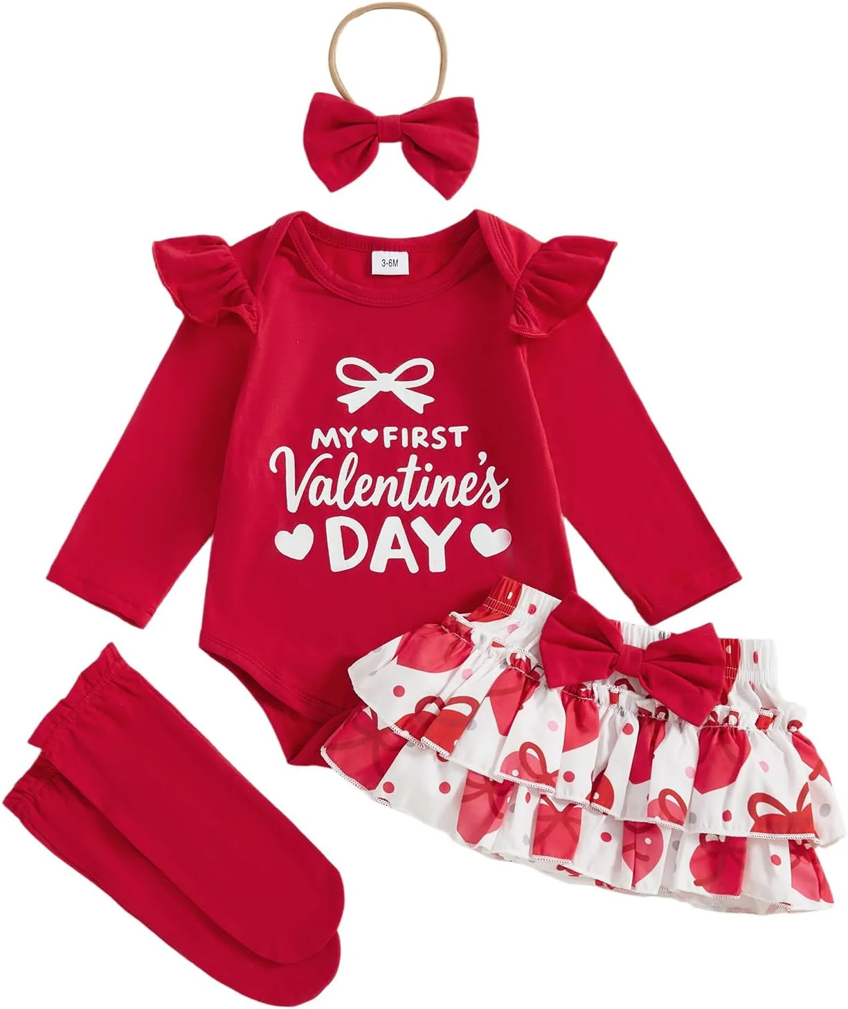ست لباس نوزادی دخترانه برای اولین روز عشق، شامل بادی، دامن، شورت، جوراب، مناسب فصل بهار و پاییز