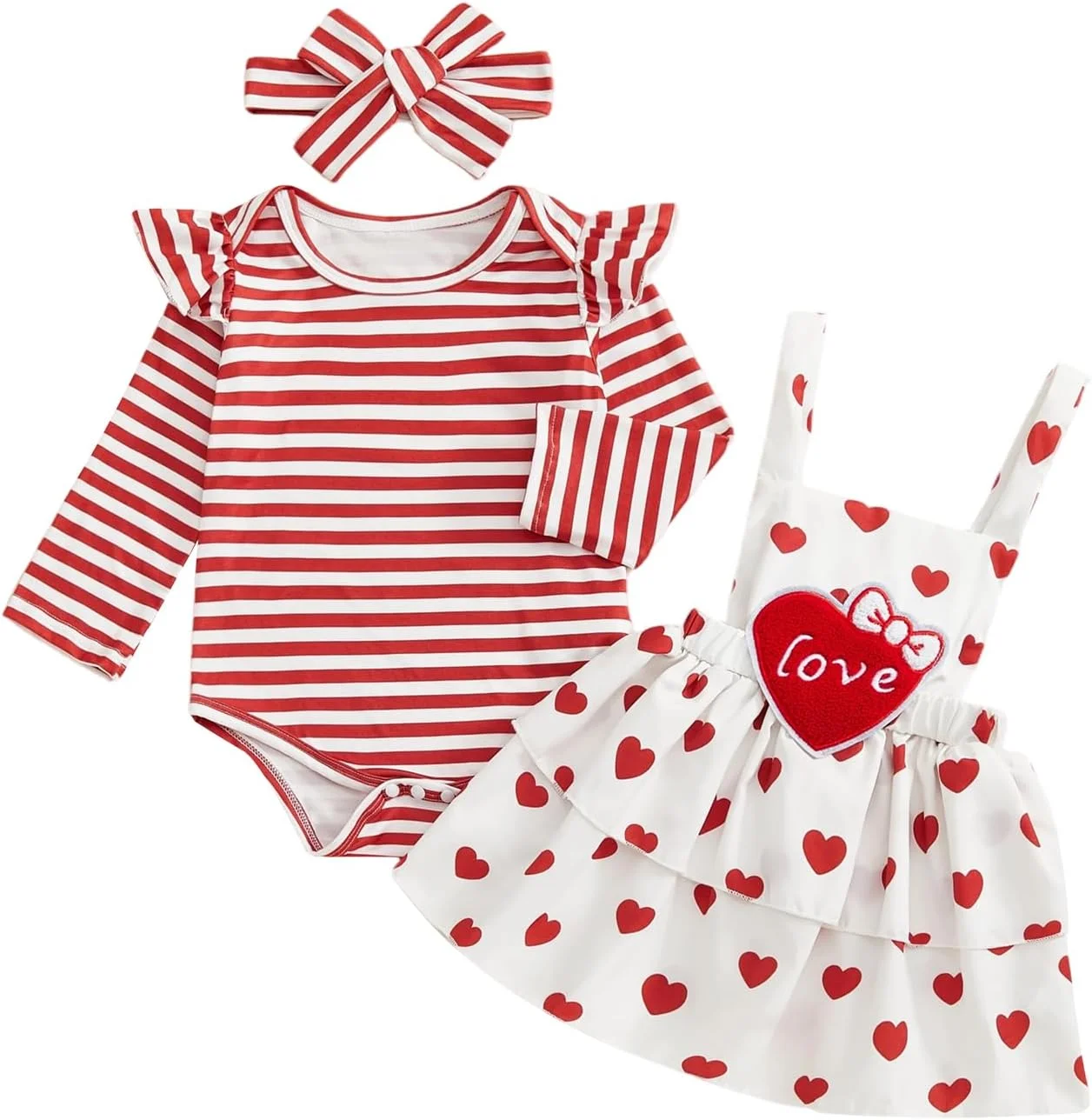 ست لباس نوزادی دخترانه شامل رامپر چین دار آستین بلند، دامن پیشبندی طرح قلب و هدبند