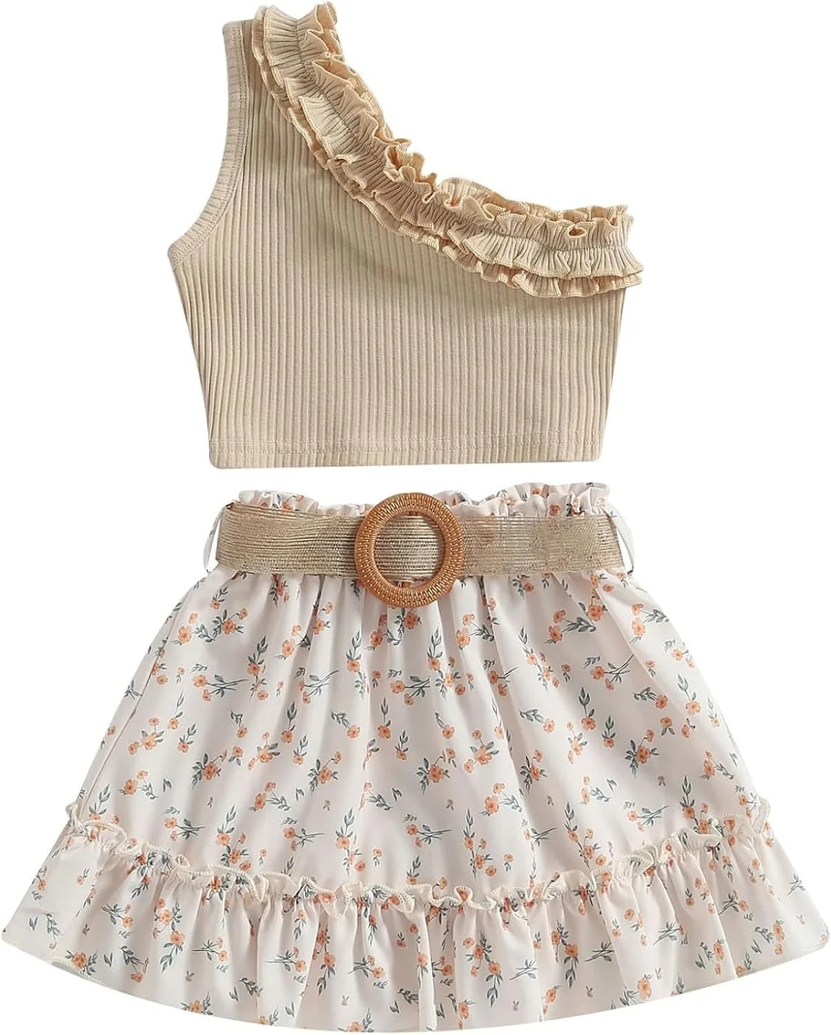 ست لباس دخترانه بچه گانه شامل تاپ های کوتاه طرح گلدار و شورت دامن جین پاپیونی، لباس تابستانی کودک نوپا
