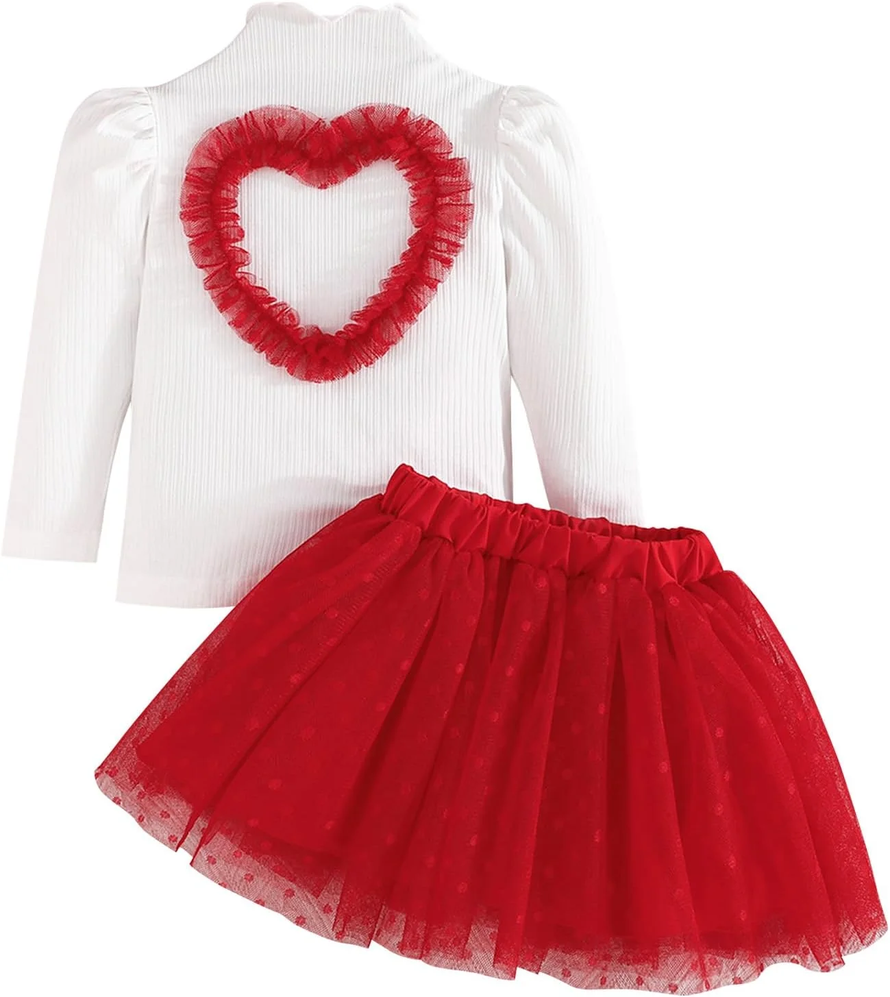 ست لباس دخترانه شامل دامن توری و بلوز آستین بلند طرح قلب مناسب فصل بهار و پاییز