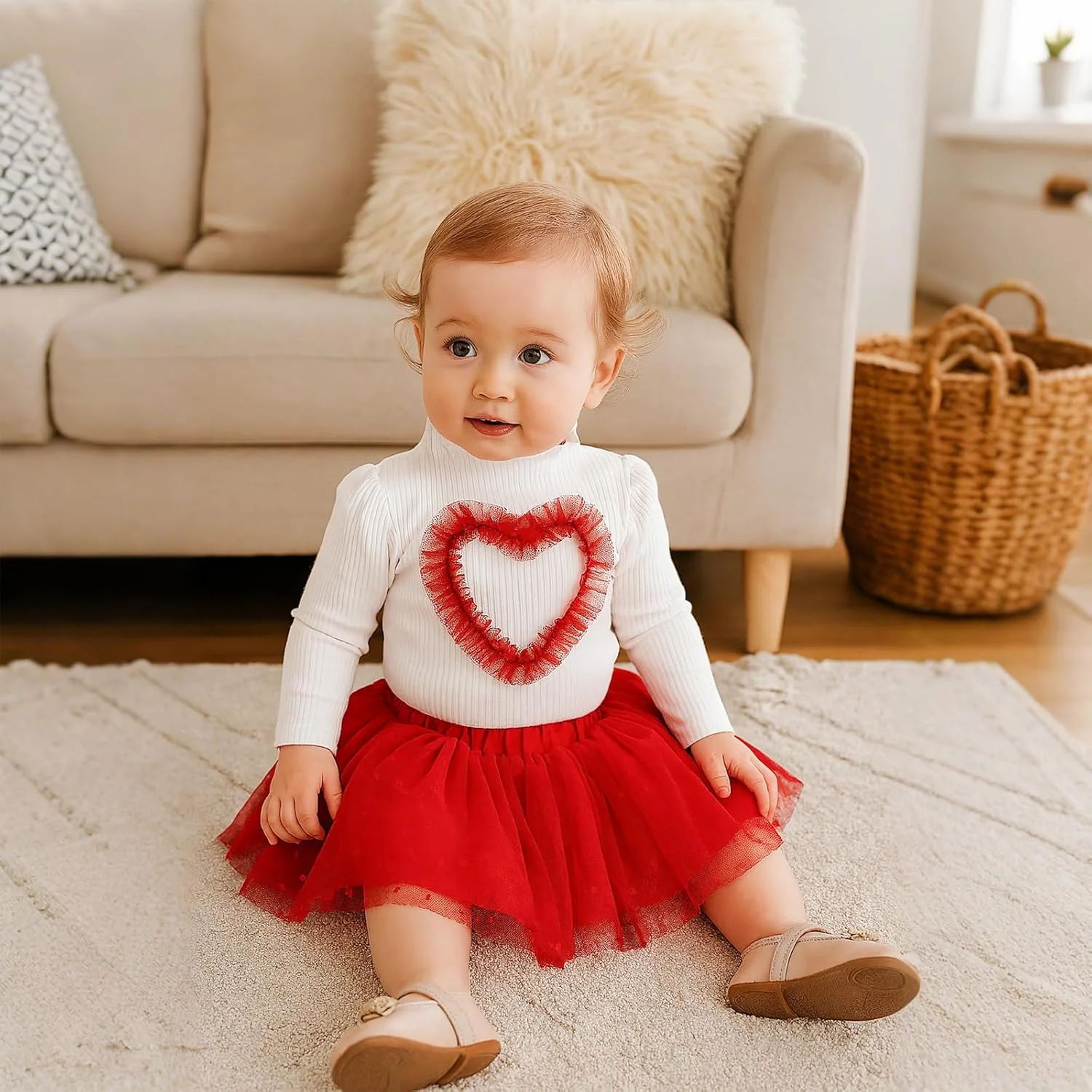 ست لباس دخترانه شامل دامن توری و بلوز آستین بلند طرح قلب مناسب فصل بهار و پاییز