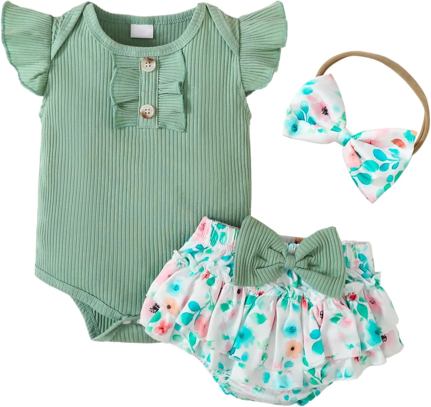 لباس نوزادی دخترانه، ست لباس تابستانی شامل رامپر آستین پفی و دامن گلدار مناسب 0-3-6-12-18 ماه لباس نوزادی دخترانه، ست لباس تابستانی شامل رامپر آستین پفی و دامن گلدار مناسب 0-3-6-12-18 ماه