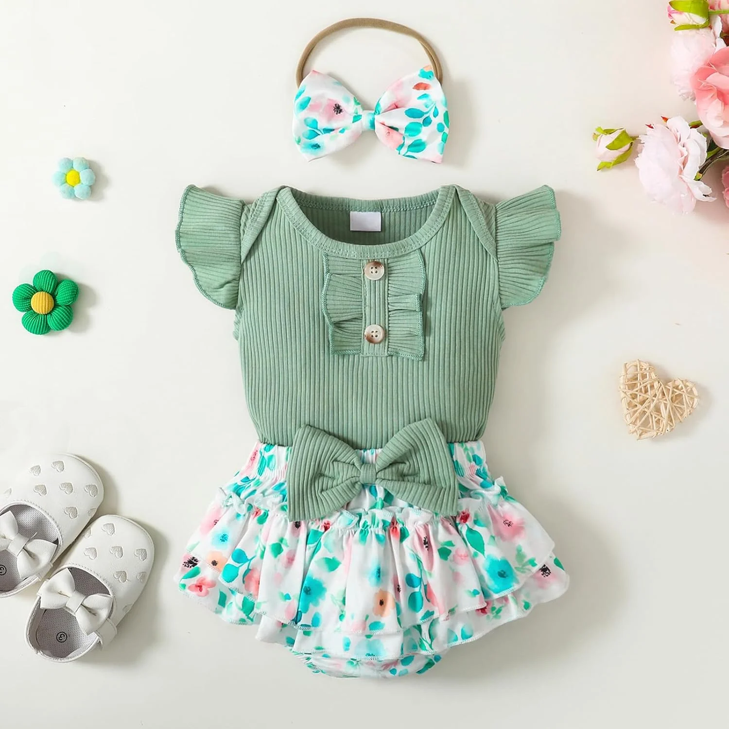 لباس نوزادی دخترانه، ست لباس تابستانی شامل رامپر آستین پفی و دامن گلدار مناسب 0-3-6-12-18 ماه