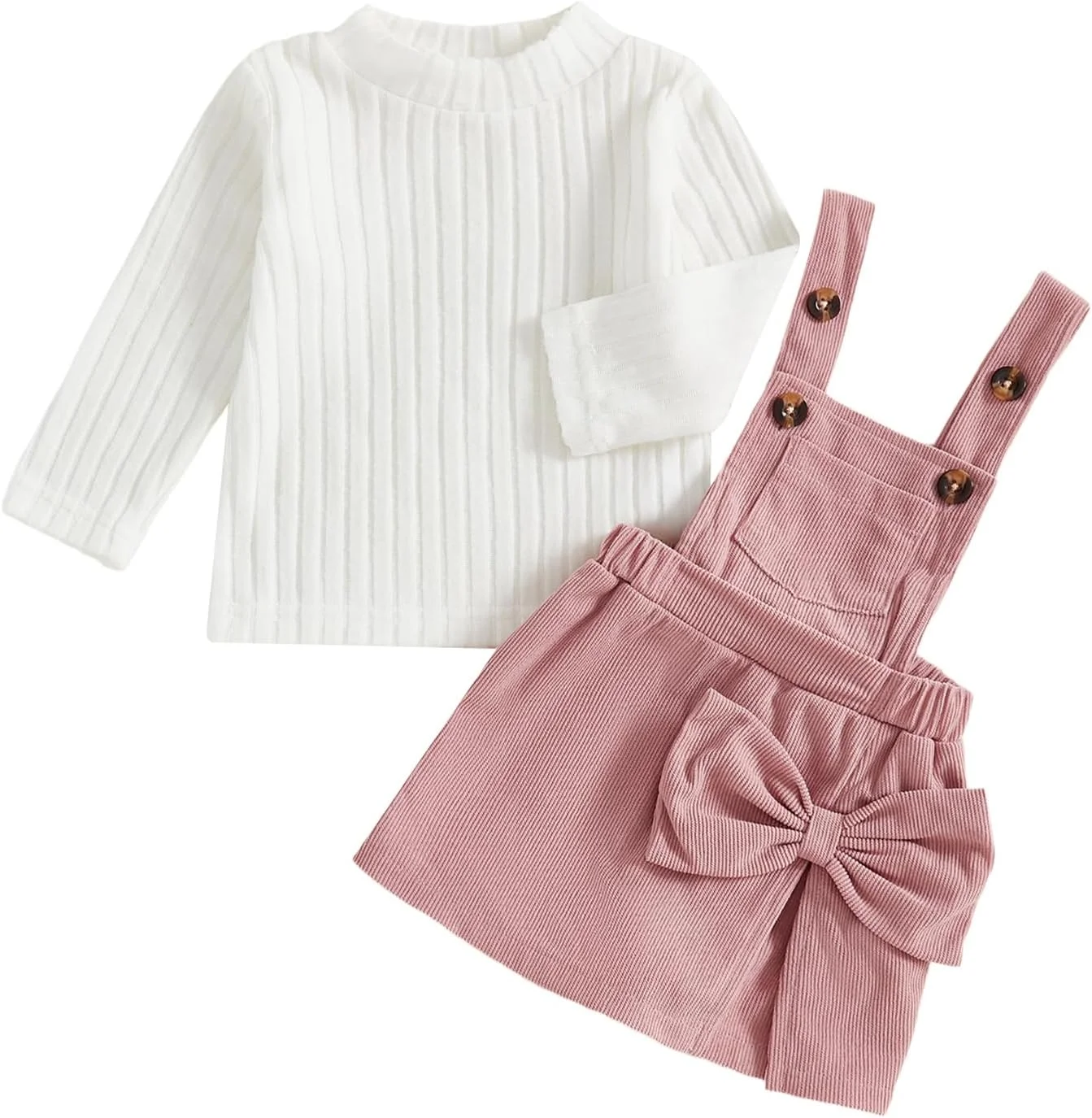 ست لباس پاییزه دخترانه شامل بلوز آستین بلند کبریتی و دامن شلوارکی پیشبندی مخملی