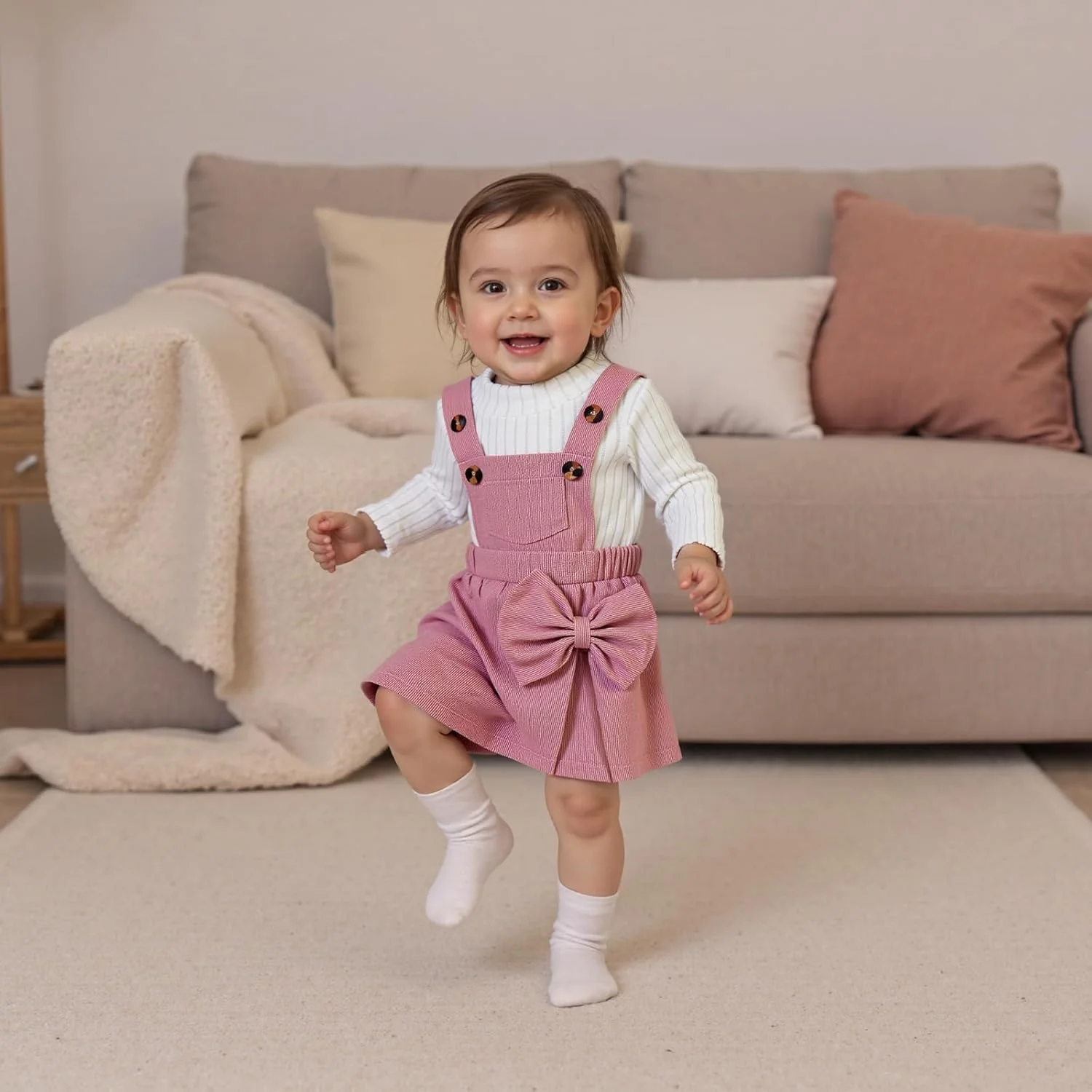 ست لباس پاییزه دخترانه شامل بلوز آستین بلند کبریتی و دامن شلوارکی پیشبندی مخملی