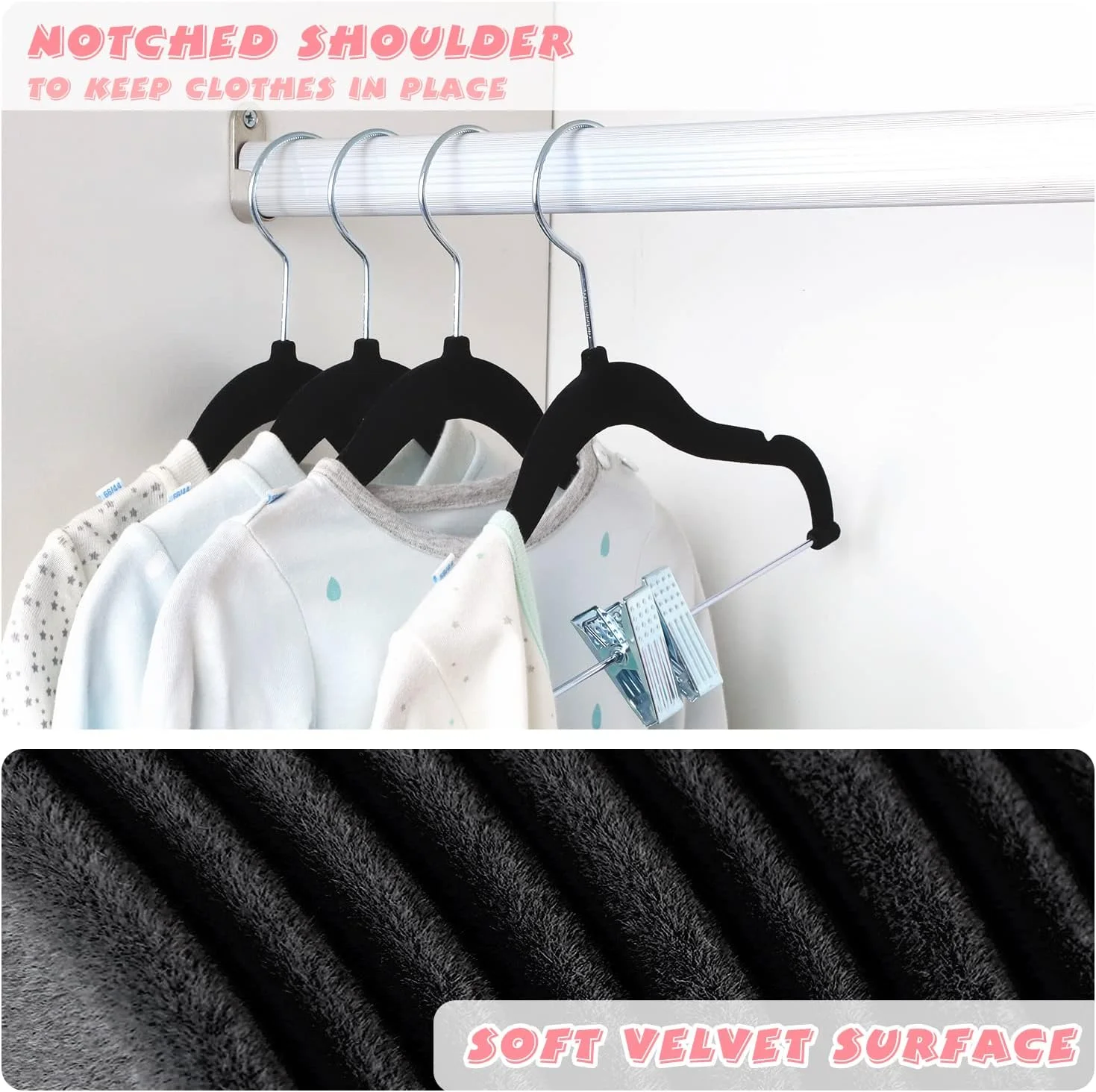 چوب لباسی مخملی کودک ManGotree با گیره های متحرک، چوب لباسی لباس بچه گانه ضد لغزش، چوب لباسی نمدی فوق العاده نازک و صرفه جویی در فضا برای پیراهن، شلوار، لباس، دامن، ژاکت (بسته 16 عددی، مشکی)