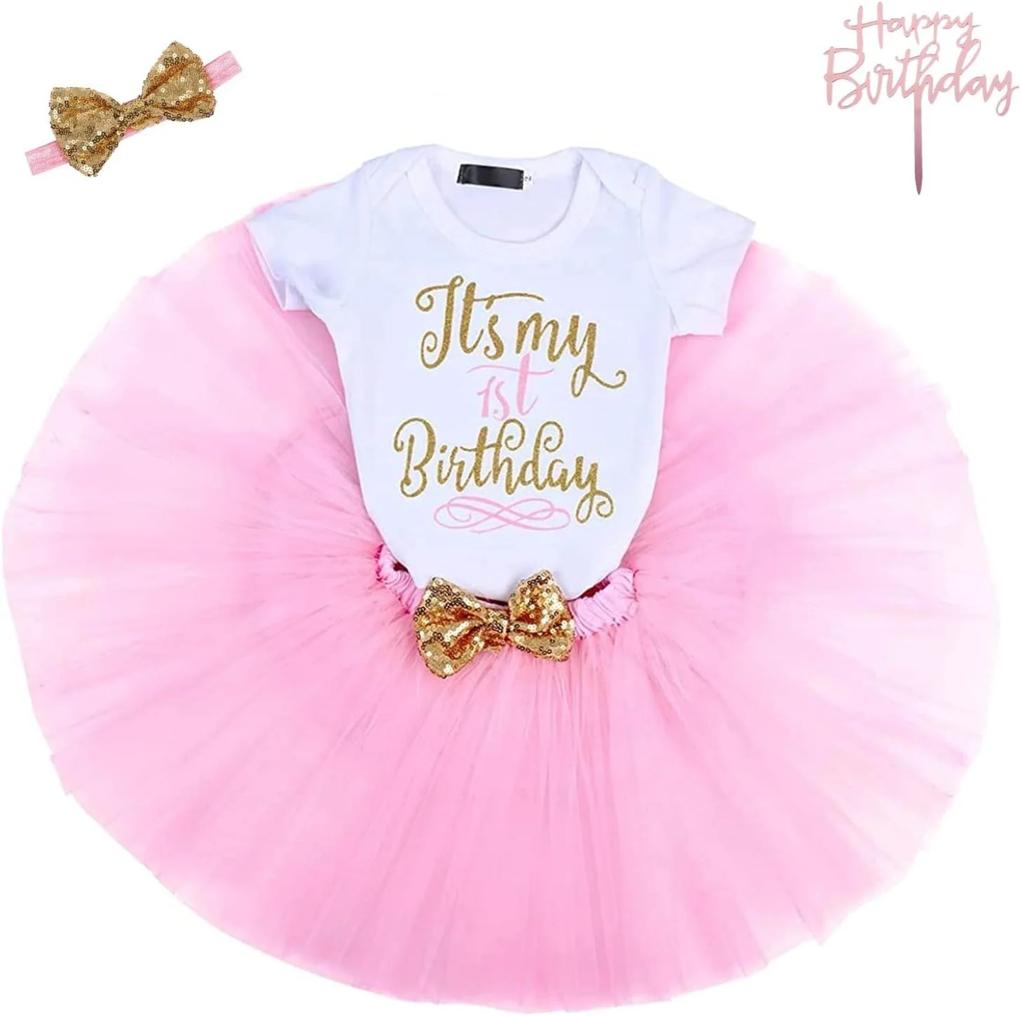 ست لباس تولد یک سالگی دخترانه آسمارا – بادی، دامن توتو، هدبند گلدار، تاپر کیک – لباس مهمانی تولد نوزاد پرنسس و لباس اسباب بازی برای عکاسی