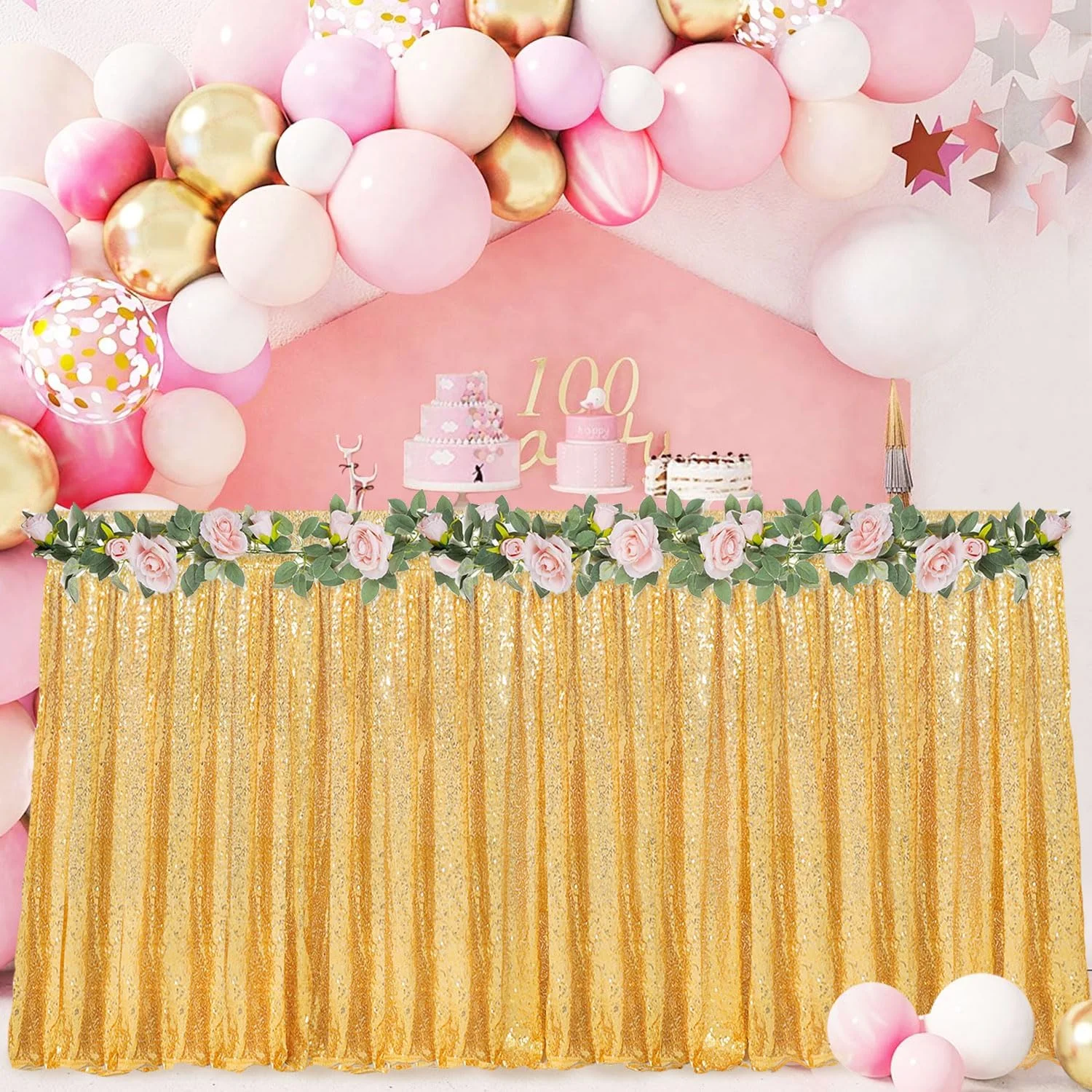 دامن میز پولکی طلایی، دامن میز درخشان برای میزهای مستطیلی و گرد 180 سانتی متری، دامن میز پولکی چین دار، روکش میز اکلیلی برای عروسی، جشن نامزدی، جشن نوزادی، مهمانی و پذیرایی