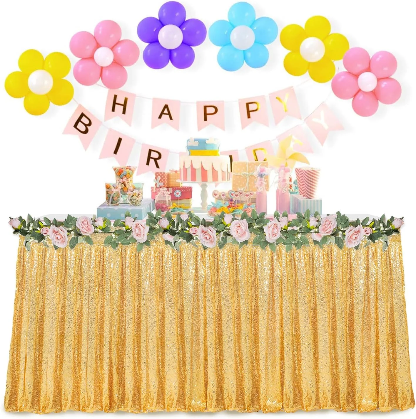 دامن میز پولکی طلایی، دامن میز درخشان برای میزهای مستطیلی و گرد 180 سانتی متری، دامن میز پولکی چین دار، روکش میز اکلیلی برای عروسی، جشن نامزدی، جشن نوزادی، مهمانی و پذیرایی