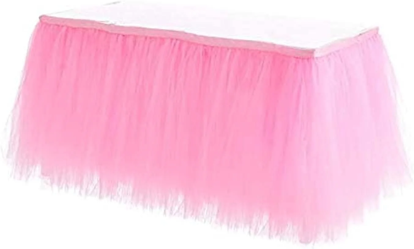 دامن میز توری صورتی 90 سانتی متری، رومیزی حاشیه دار توری صورتی سرزمین عجایب با لبه صاف برای تزئین میز دسر کیک تولد جشن عروسی کریسمس، 78 در 91 سانتی متر