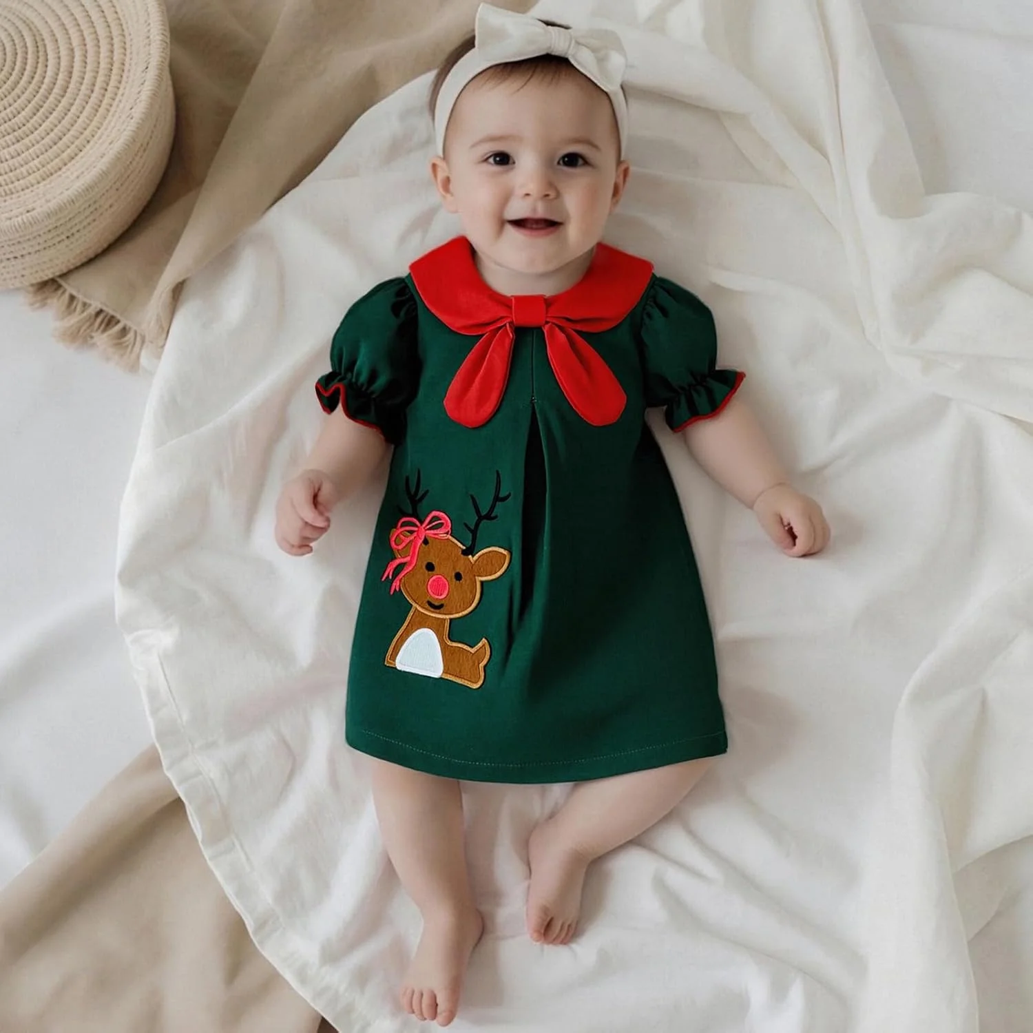 لباس کریسمس دخترانه بچه گانه Honganda، آستین کوتاه، طرح گوزن کارتونی، دامن، لباس کریسمس شاد