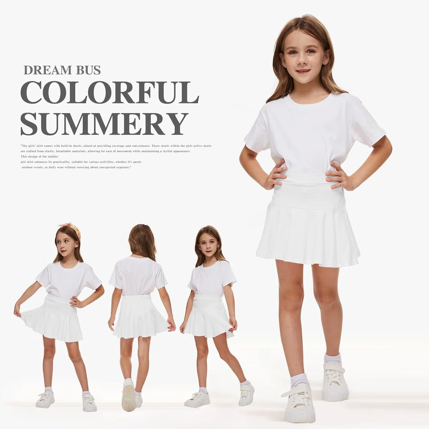 دامن های پلیسه دار دخترانه DREAM BUS با شورت داخلی، دامن تنیس بچه گانه، دامن شلواری ورزشی دخترانه