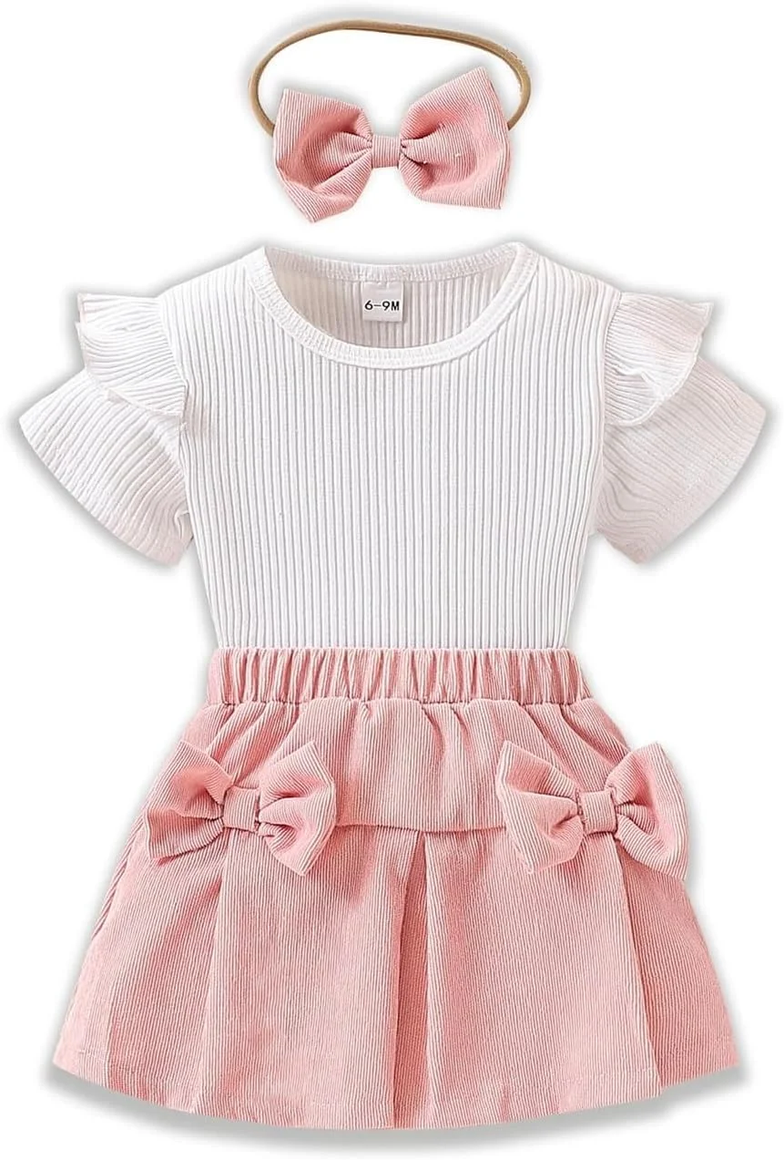 ست لباس تابستانی نوزاد دختر شامل تاپ آستین چین‌دار، دامن کوتاه پاپیونی و هدبند پاپیونی، 3 تکه