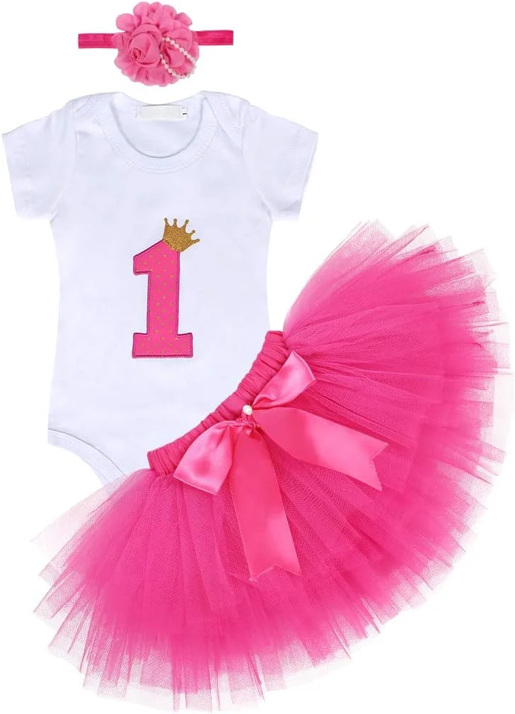 لباس سرهمی دخترانه AmzBarley مناسب هدیه جشن تولد یک سالگی، دامن توتو توری، آستین کوتاه به همراه تل پاپیونی