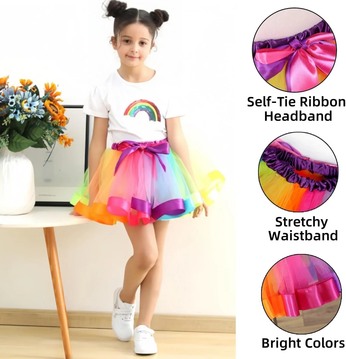 دامن توتو رنگین کمانی دخترانه، دامن باله توری چند لایه رنگارنگ برای دختران نوپا، دامن توتو نئون برای رقص باله، لباس مهمانی تولد و جشن