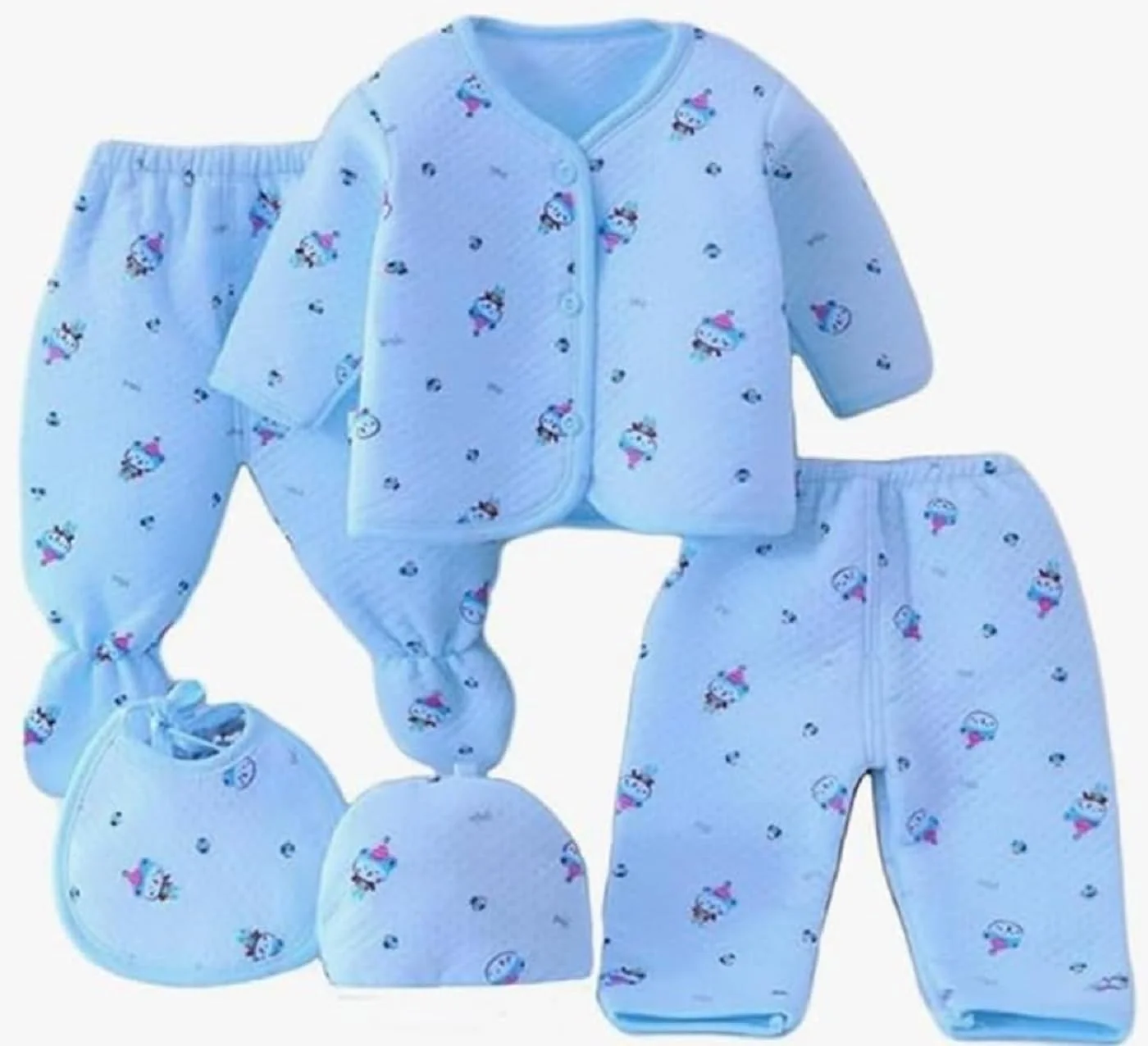 لباس نوزادی پسرانه دخترانه پنبه ای گرم نگه دارنده | ست 5 تکه | فلیس/فلالن یا فانل | ست هدیه پیشبند نوزاد (آبی آسمانی)