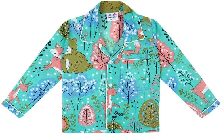 لباس خواب آستین بلند نخی طرح حیوانات سوپرمینی مناسب دختران و پسران (پیراهن و شلوار)