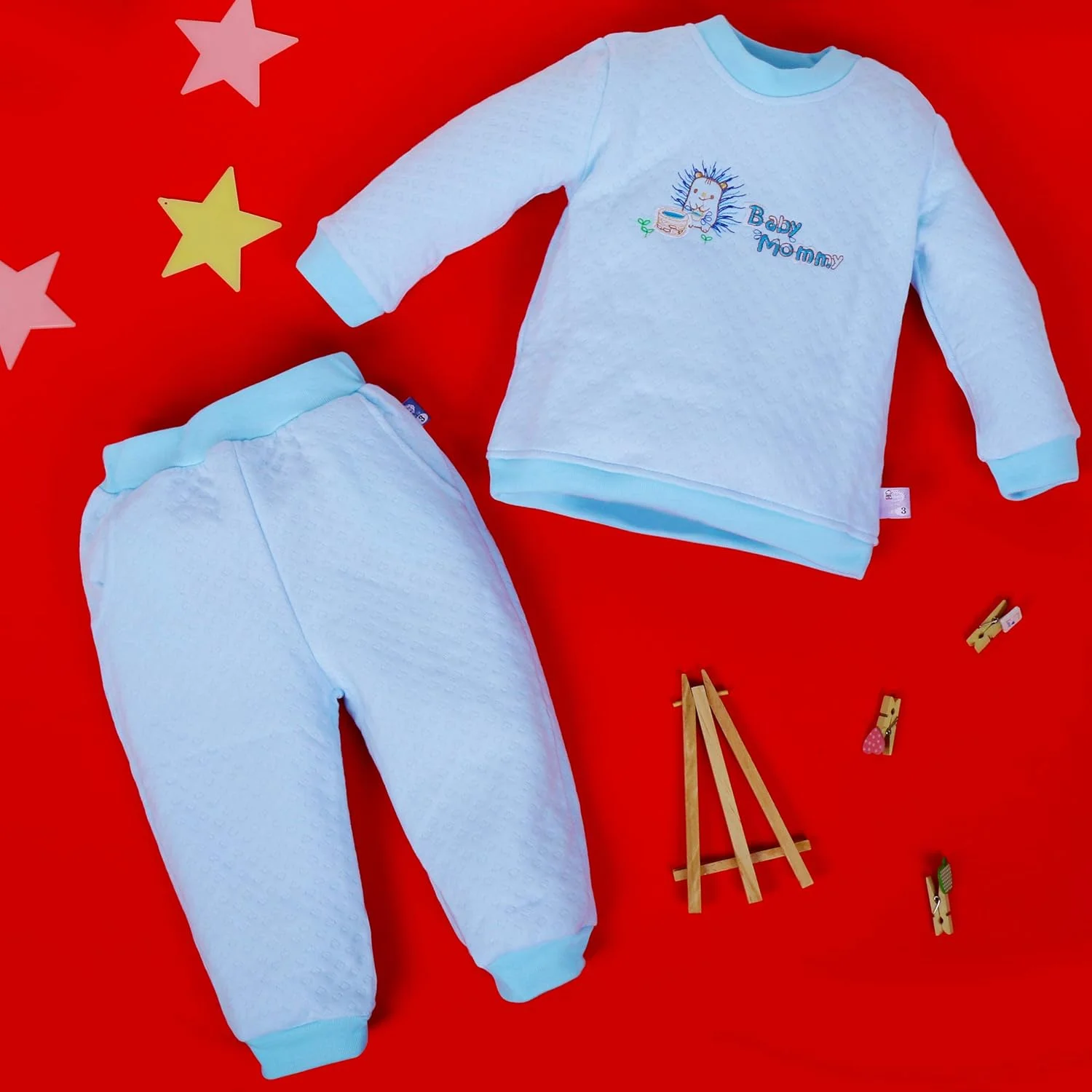 لباس خواب نوزادی آستین بلند پنبه ای ساده مناسب پسر و دختر | لباس خواب | پیراهن و شلوار ست - آبی روشن سایز 2