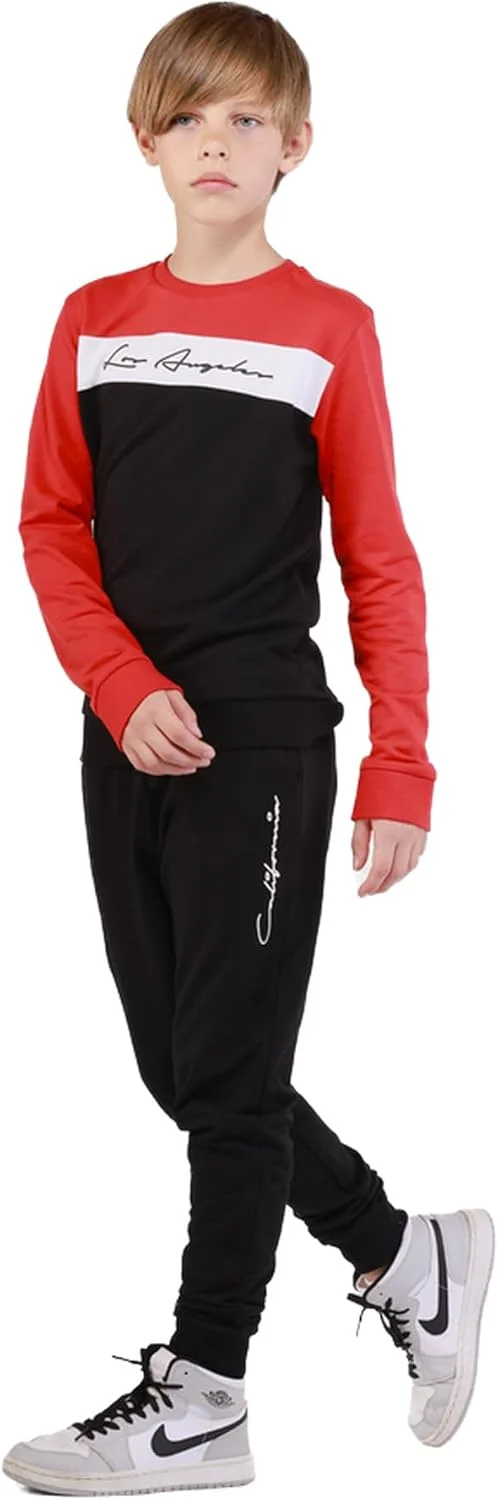 ست لباس پسرانه طرح‌دار نخی Nuego، شامل بلوز آستین بلند و شلوار جاگر، مناسب برای پسران 7 تا 14 سال (قرمز، مشکی)