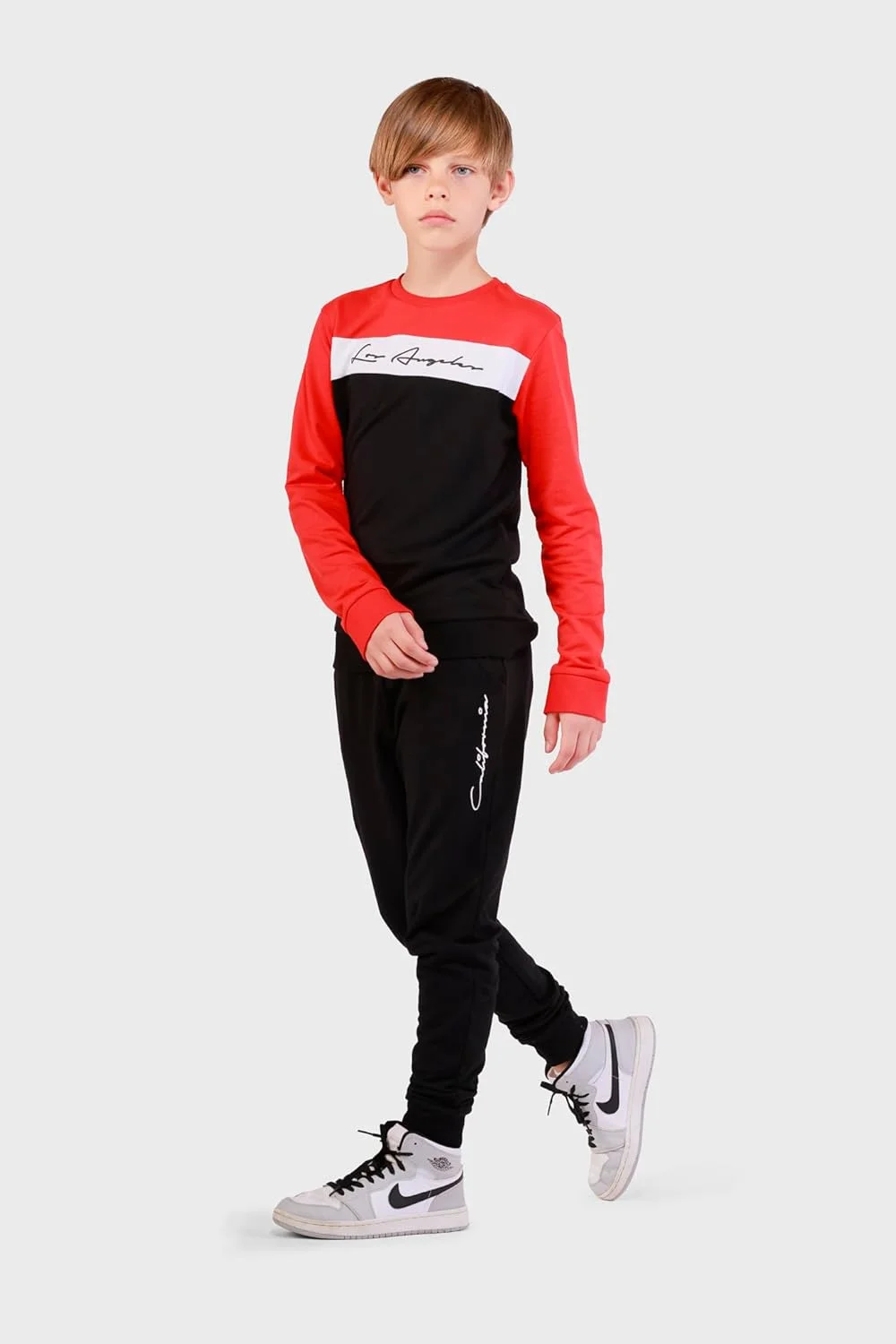 ست لباس پسرانه طرح‌دار نخی Nuego، شامل بلوز آستین بلند و شلوار جاگر، مناسب برای پسران 7 تا 14 سال (قرمز، مشکی)