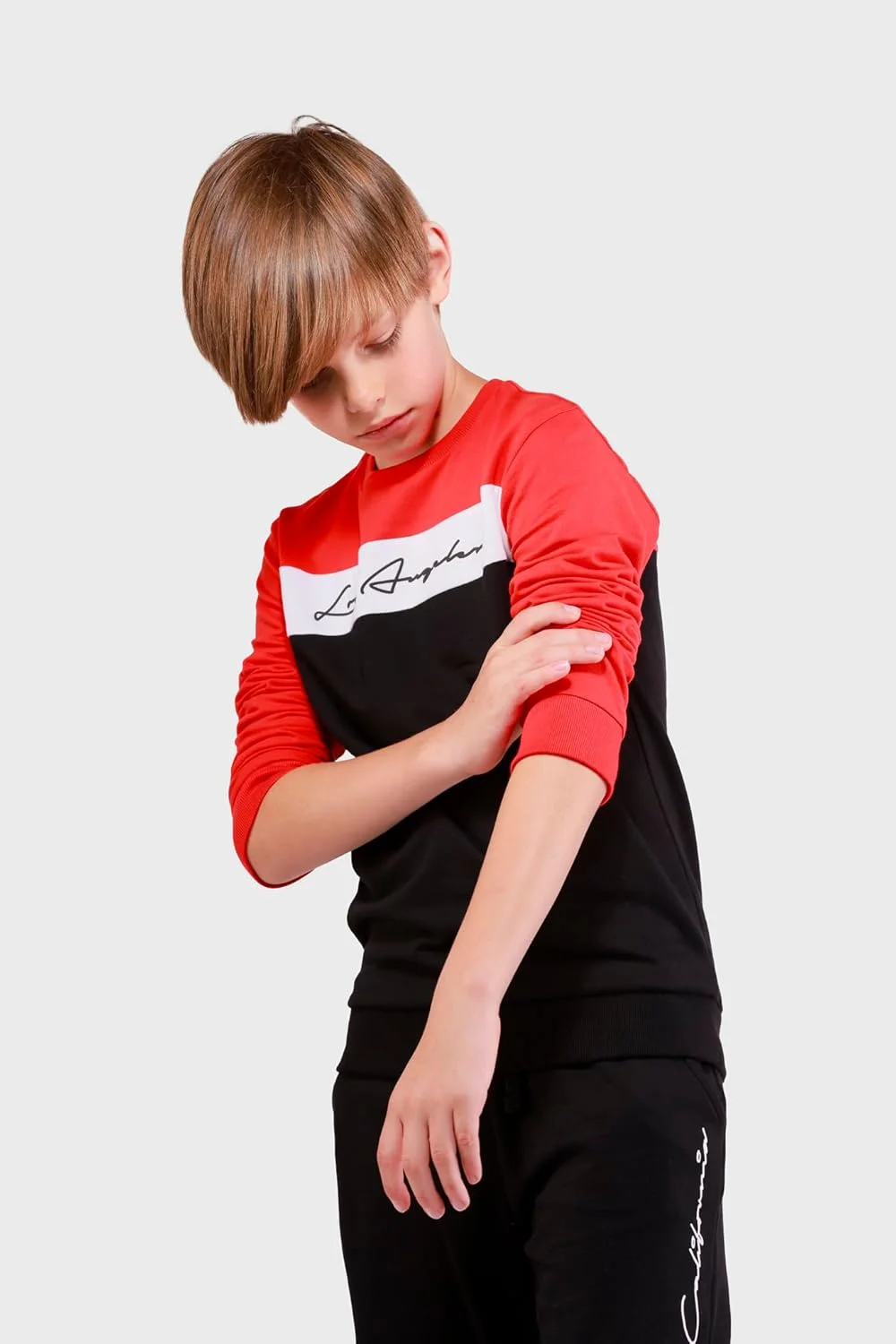 ست لباس پسرانه طرح‌دار نخی Nuego، شامل بلوز آستین بلند و شلوار جاگر، مناسب برای پسران 7 تا 14 سال (قرمز، مشکی)