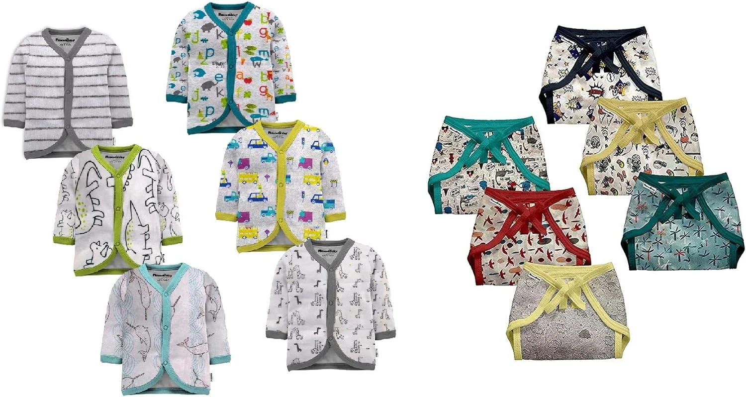 تیشرت و زیرپوش نخی آستین بلند جلو باز نوزاد تینچوک - مناسب فصل گرما - ست 6 عددی و پوشک دولایه نخی 6 عددی (مجموعه 12 عددی) طرح های متنوع