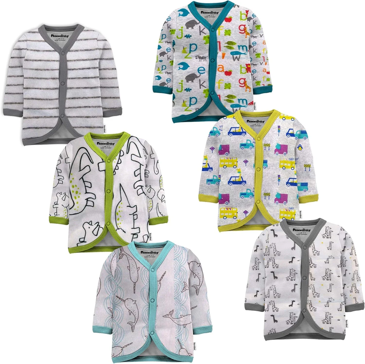 تیشرت و زیرپوش نخی آستین بلند جلو باز نوزاد تینچوک - مناسب فصل گرما - ست 6 عددی و پوشک دولایه نخی 6 عددی (مجموعه 12 عددی) طرح های متنوع