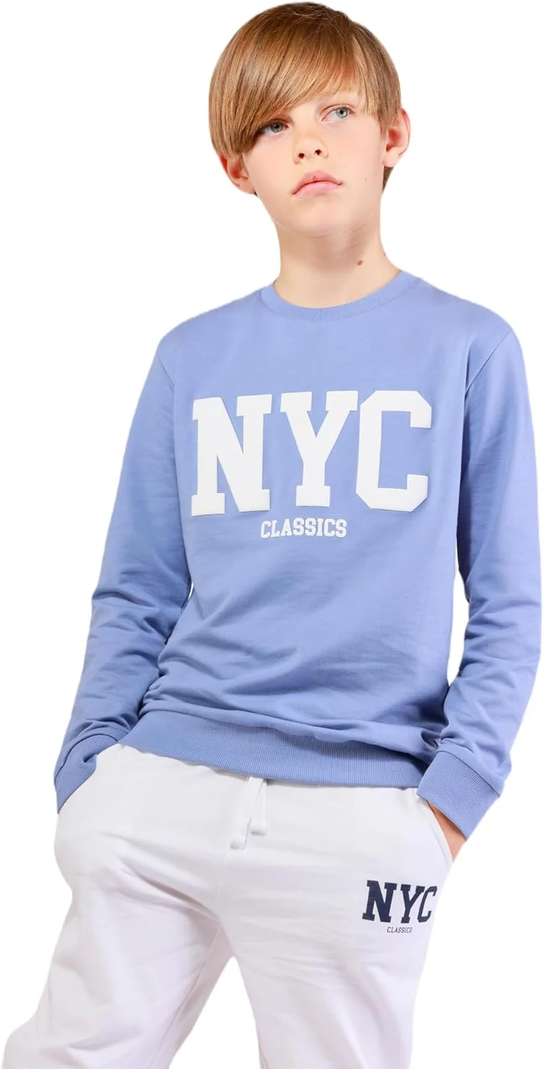 ست لباس پسرانه طرح‌دار نخی Nuego، شامل بلوز آستین بلند و شلوار جاگر، مناسب برای پسران 7 تا 14 سال (آبی، سفید)