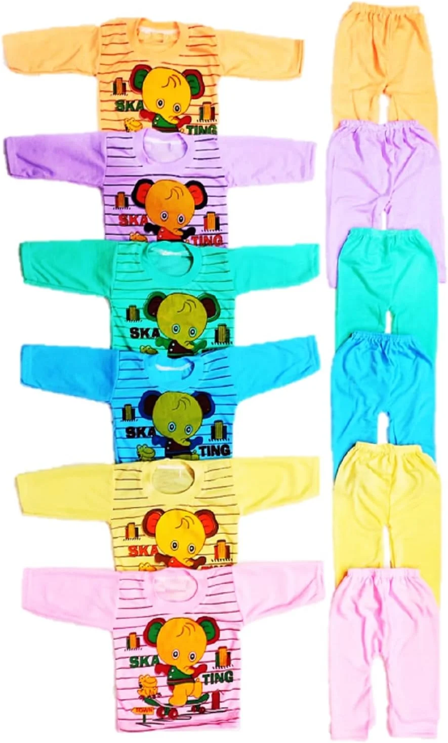 لباس نوزاد پسرانه و دخترانه، تیشرت و شلوار راحتی پنبه ای نرم | 6 عدد تیشرت آستین بلند + 6 عدد شلوار راحتی چند رنگ، سایز 0 تا 18 ماه