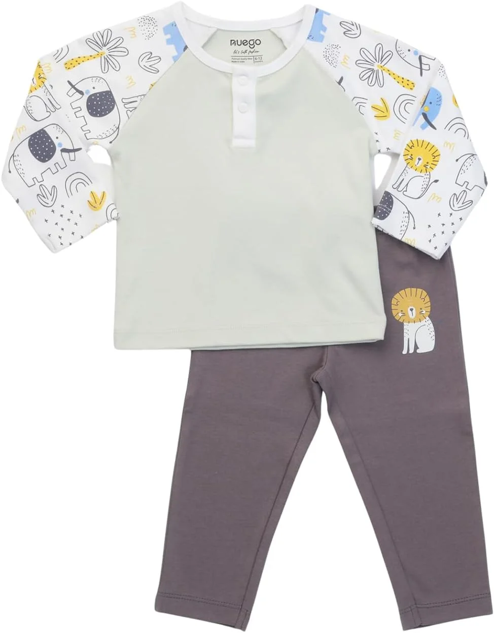 ست لباس نوزادی پسرانه طرح حیوانات نئوگو، تیشرت آستین بلند و شلوار راحتی، مناسب برای نوزادان 0 تا 24 ماه (سفید، قهوه ای)