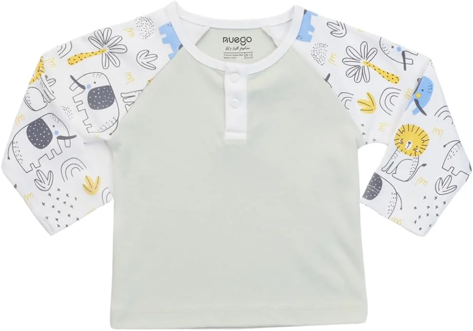 ست لباس نوزادی پسرانه طرح حیوانات نئوگو، تیشرت آستین بلند و شلوار راحتی، مناسب برای نوزادان 0 تا 24 ماه (سفید، قهوه ای)