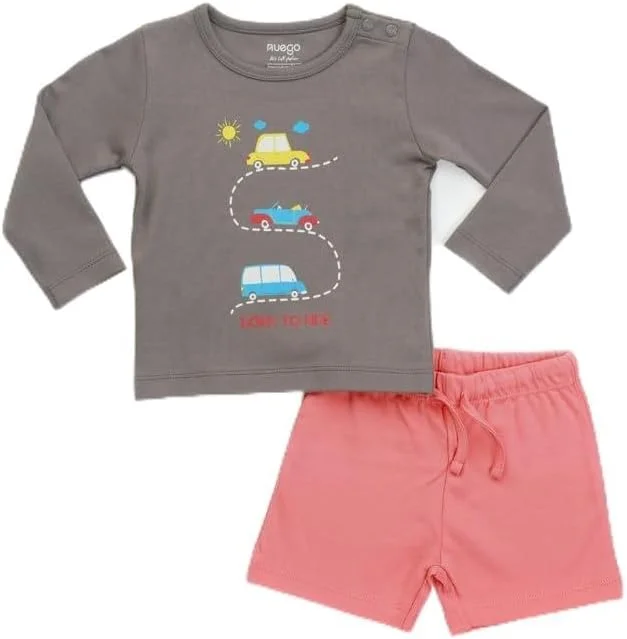 ست لباس پسرانه نوزادی طرح کارتونی نئوگو، تیشرت آستین بلند یقه گرد و شلوارک، مناسب 0 تا 24 ماه (قهوه ای، صورتی)