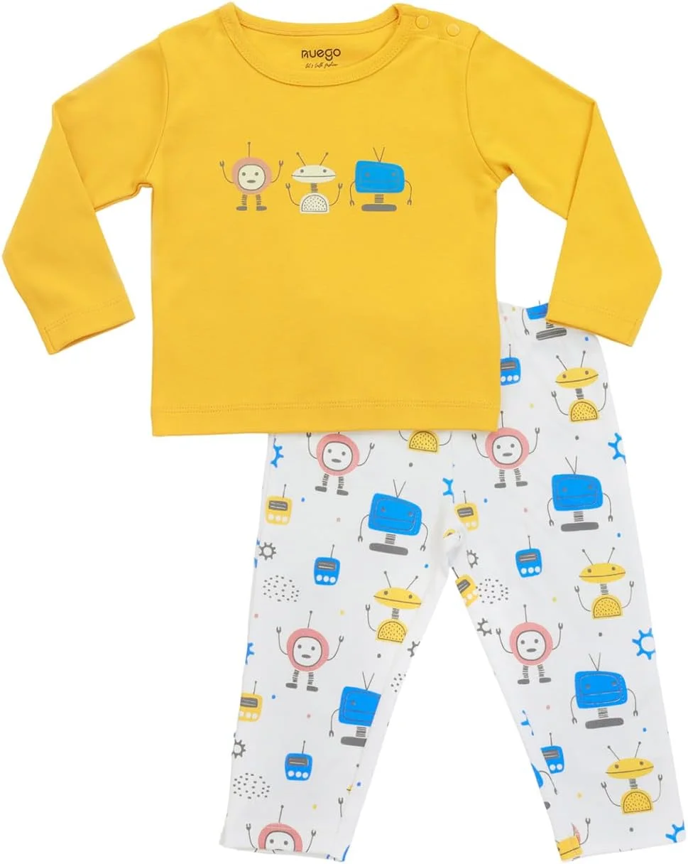 ست لباس پسرانه نوزادی طرح کارتونی نئوگو، تیشرت آستین بلند و شلوار راحتی، مناسب برای نوزادان 0 تا 24 ماه (زرد، سفید)