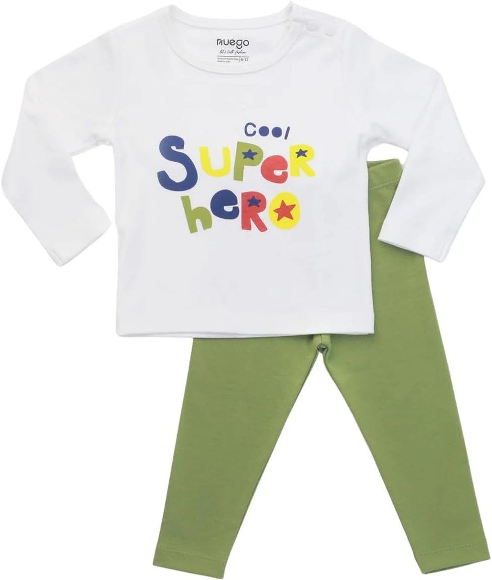 ست لباس پسرانه نوزادی طرح دار نئوگو، تیشرت آستین بلند و شلوار راحتی، لباس ست مناسب نوزادان پسر 0-24 ماه (سفید، سبز)
