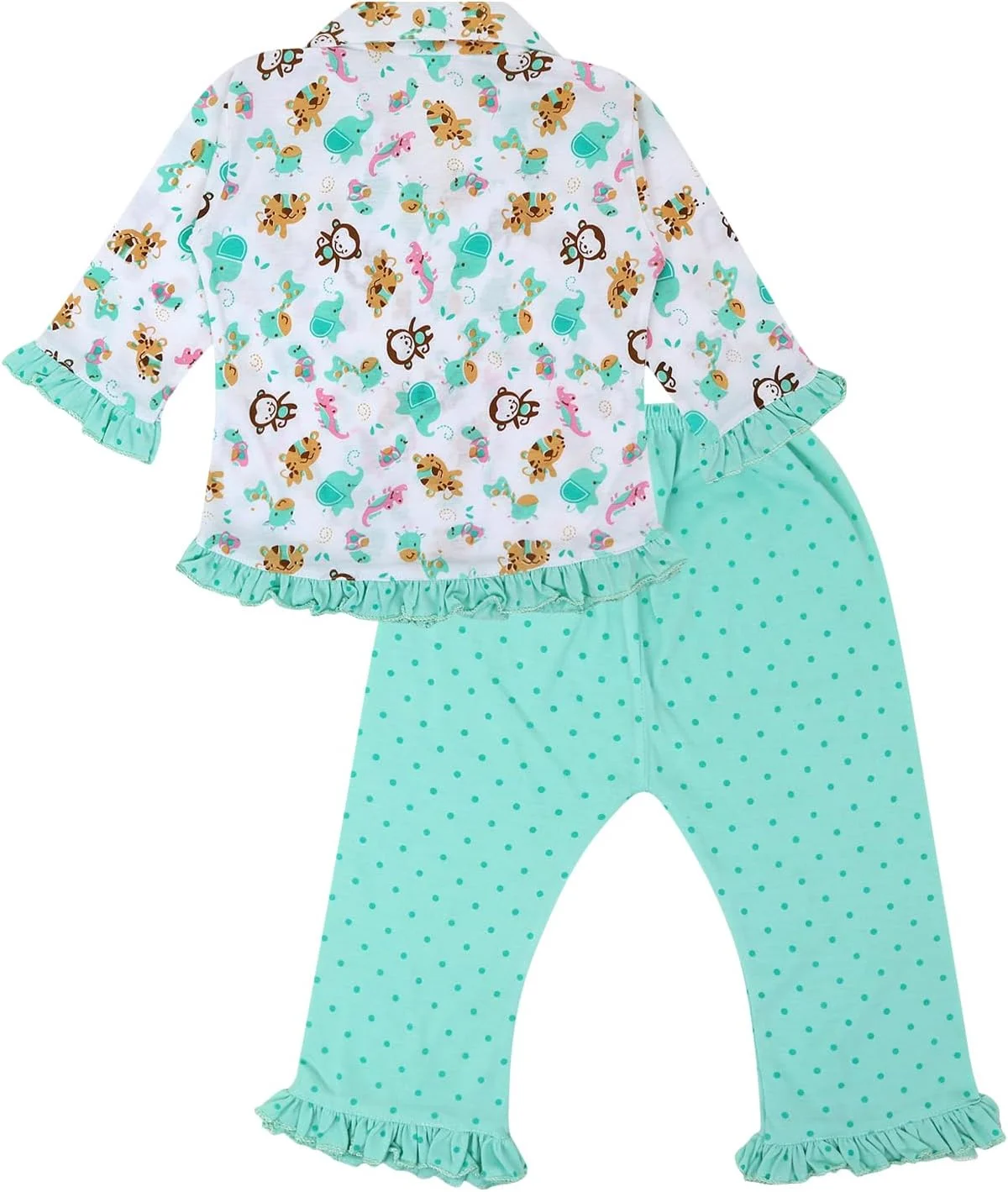 سوپرمینی لباس خواب دخترانه نخی با طرح حیوانات و آستین بلند به همراه تیشرت چین دار و شلوار (۱۸-۲۴ ماه، سبز)