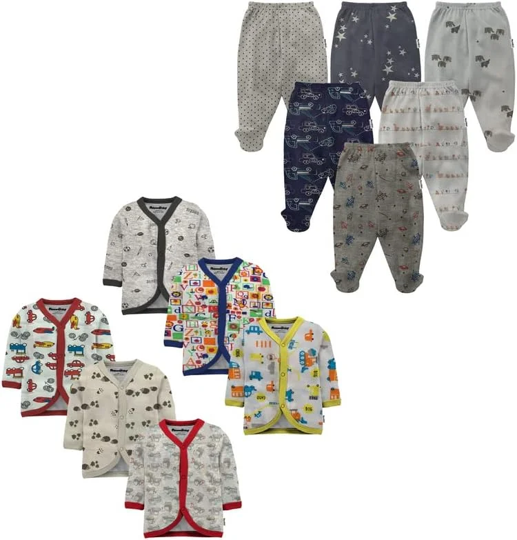 ست لباس نوزادی 12 تکه نوزاد شامل تیشرت آستین بلند جلو باز، شلوار و جوراب دار - پنبه ای نرم و لطیف با طرح های زیبا