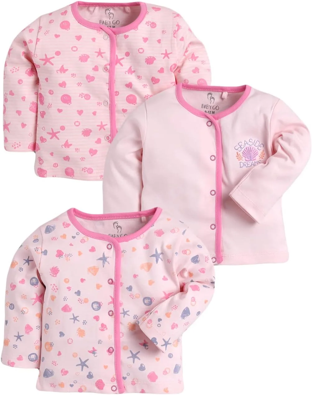 بی بی گو، بسته 3 عددی تی شرت آستین بلند دخترانه (پارچه بسیار راحت برای پوست کودک، لباس نوزادی، ست لباس زمستانی، ست ترکیبی، ست تی شرت 3 عددی) صورتی