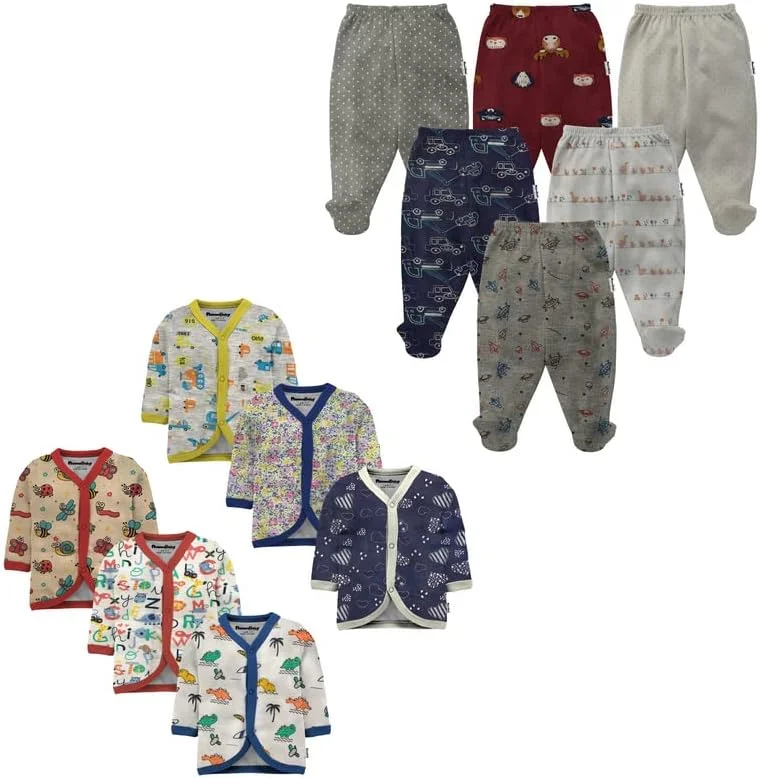 ست لباس نوزادی 12 تکه شامل تیشرت آستین بلند جلو باز نخی و شلوار و جوراب دار کودکانه با طرح های زیبا (مناسب 3 تا 6 ماه)