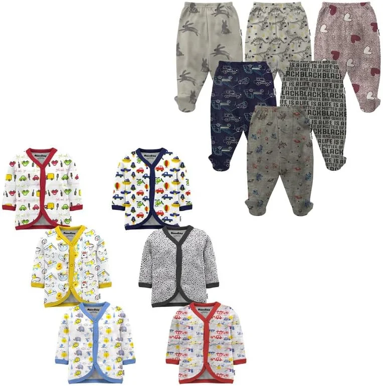 ست لباس نوزادی 12 تکه شامل تیشرت آستین بلند جلو باز نخی و شلوار و جوراب دار کودکانه با طرح های زیبا (مناسب 3 تا 6 ماه)