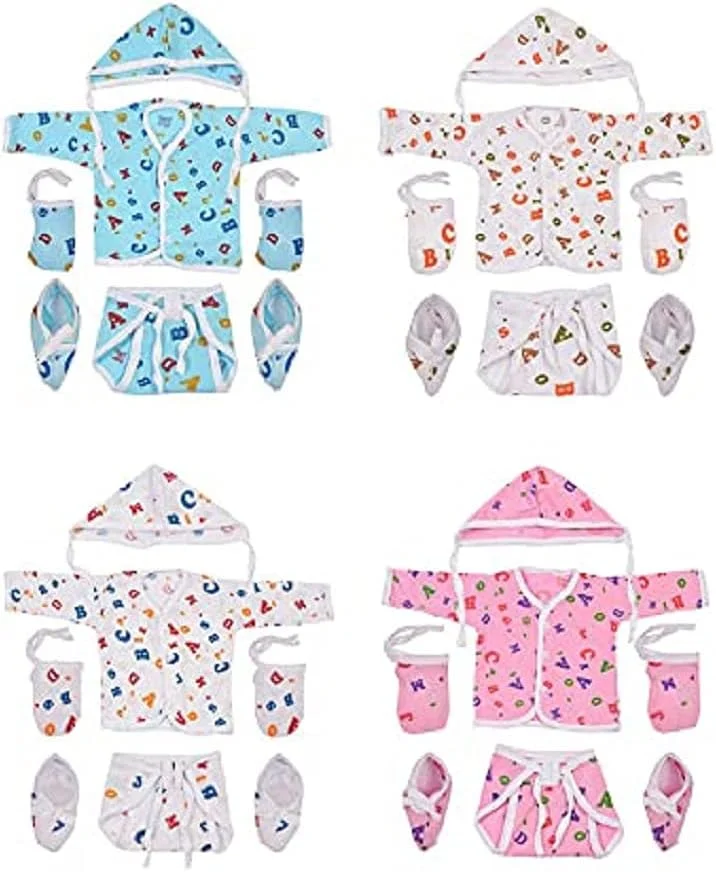 ست لباس نوزادی تودیلون | تی شرت جلو باز | پوشک | کلاه، دستکش و جوراب | پنبه | روزمره | تن خور معمولی | لباس خواب (چند رنگ، 0-6 ماه)، بسته 4 عددی چند رنگ، 0-6 ماه